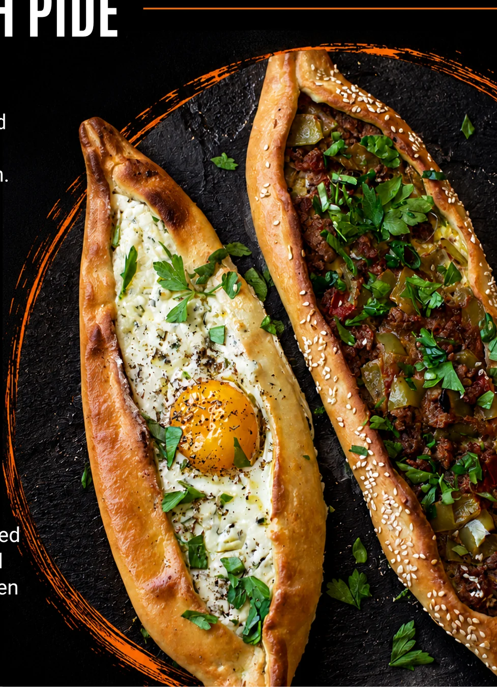 Fresh Turkish pide on a black platter