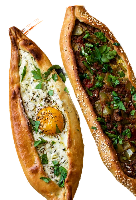 Turkish pide with egg, cheese, and seasoned beef